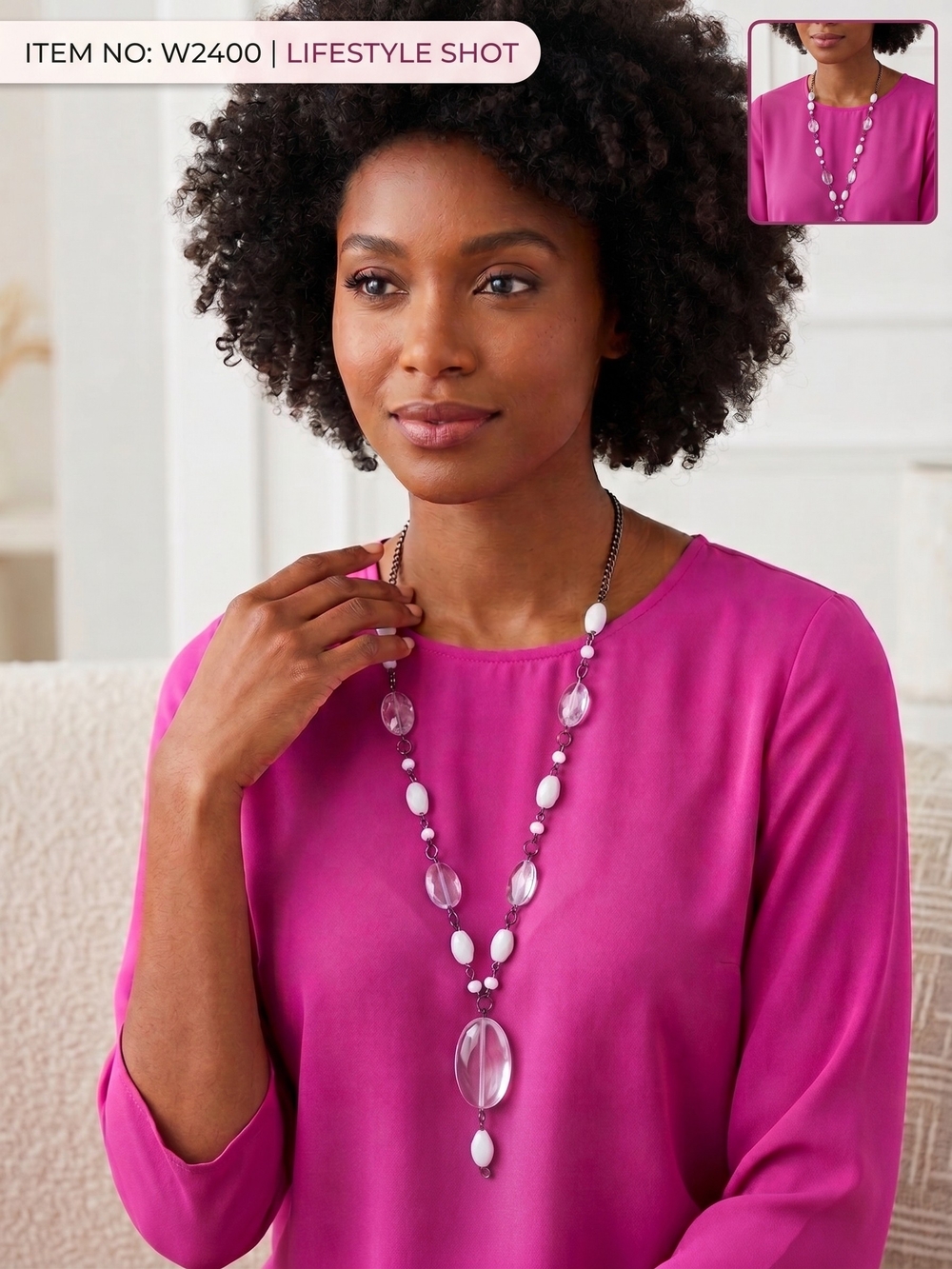 Classic Long Bead Necklace in Light Pink